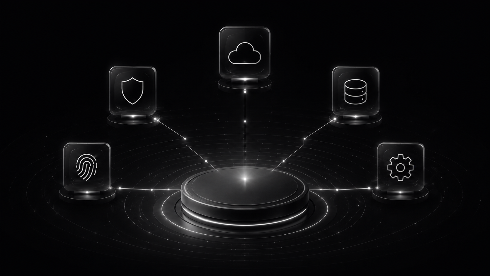 Monochrome SERVA technology hub connecting access, cloud, data, and operational services
