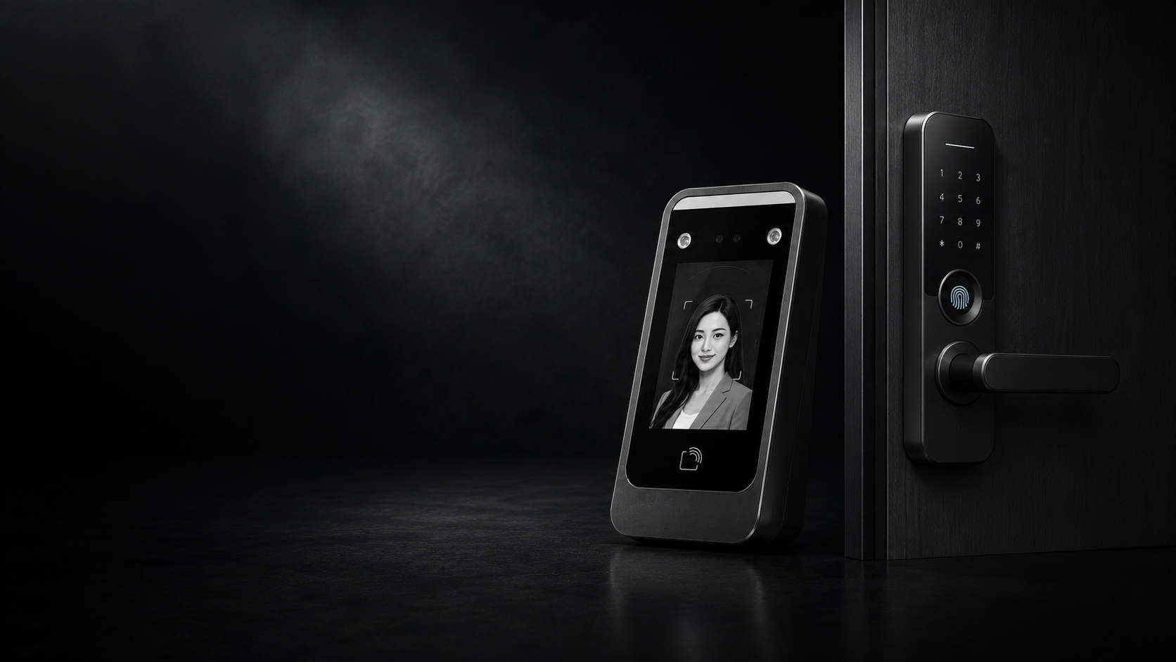 SERVA Access face recognition terminal beside a smart door lock keypad