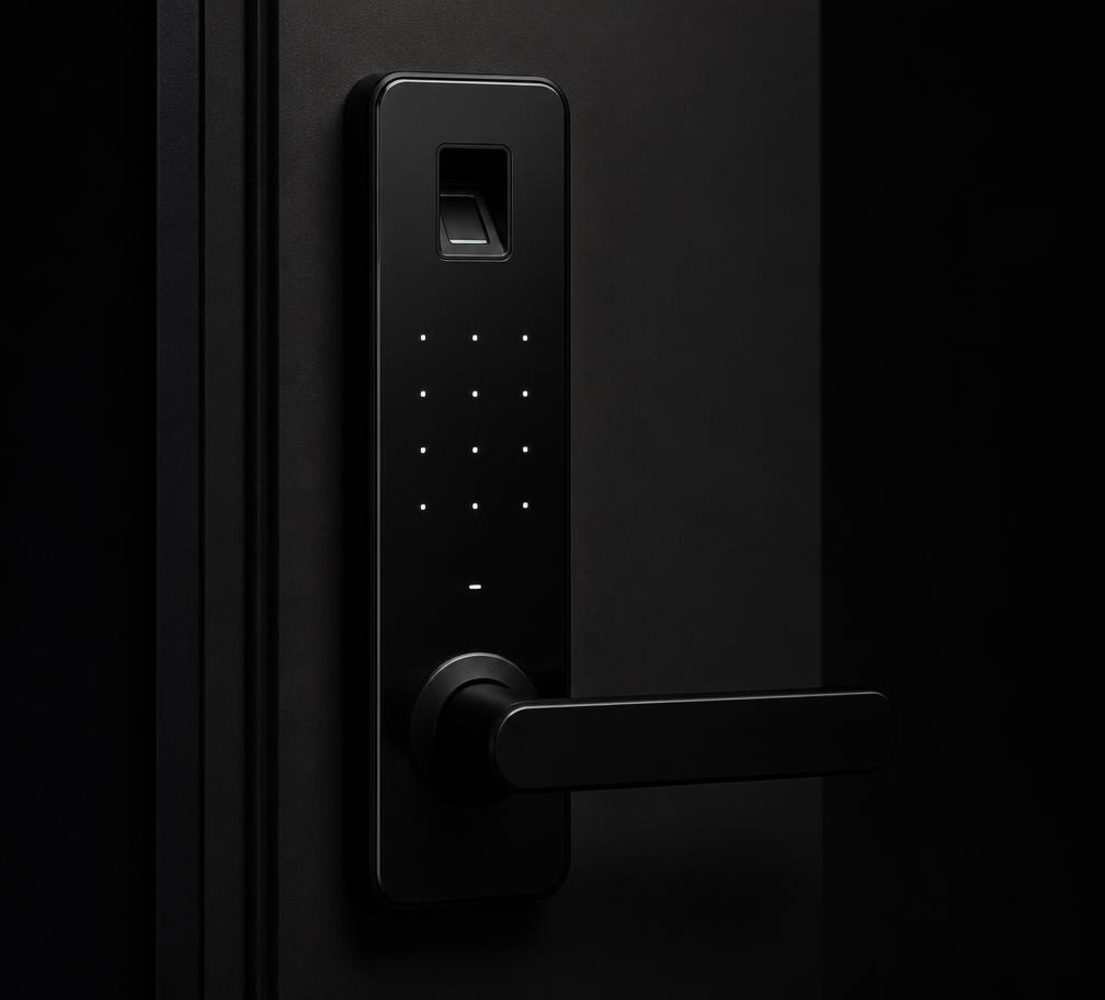 Smart access control reader with fingerprint and keypad on a door